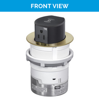 Thumbnail for Front view of the brass UL-listed Tri-Power Pop-Up outlet, featuring one AC port, one USB-A, one fast-charging USB-C (PD), and wireless charging on top.