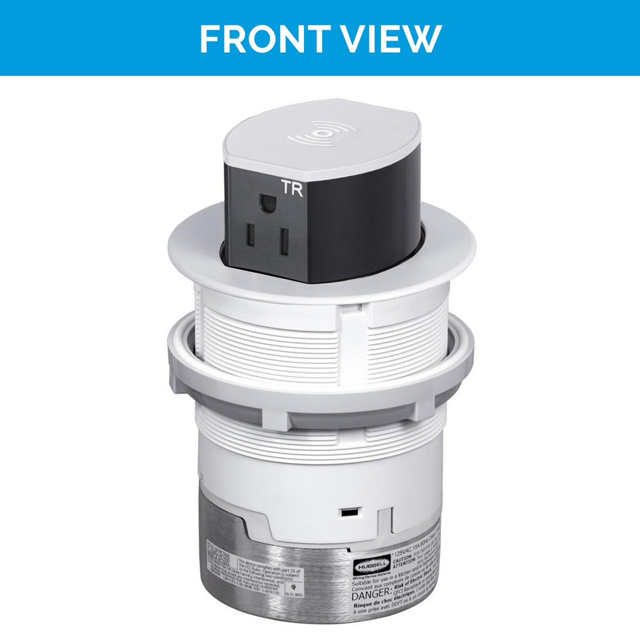 Front view of the White UL-listed Tri-Power Pop-Up outlet, featuring one AC port, one USB-A, one fast-charging USB-C (PD), and wireless charging on top.