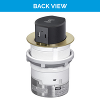 Thumbnail for Back view of the brass UL-listed Tri-Power Pop-Up outlet, featuring one AC port, one USB-A, one fast-charging USB-C (PD), and wireless charging on top.