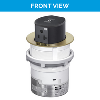 Thumbnail for Front view of the brass UL-listed Tri-Power Pop-Up outlet, featuring one AC port, one USB-A, one fast-charging USB-C (PD), and wireless charging on top.