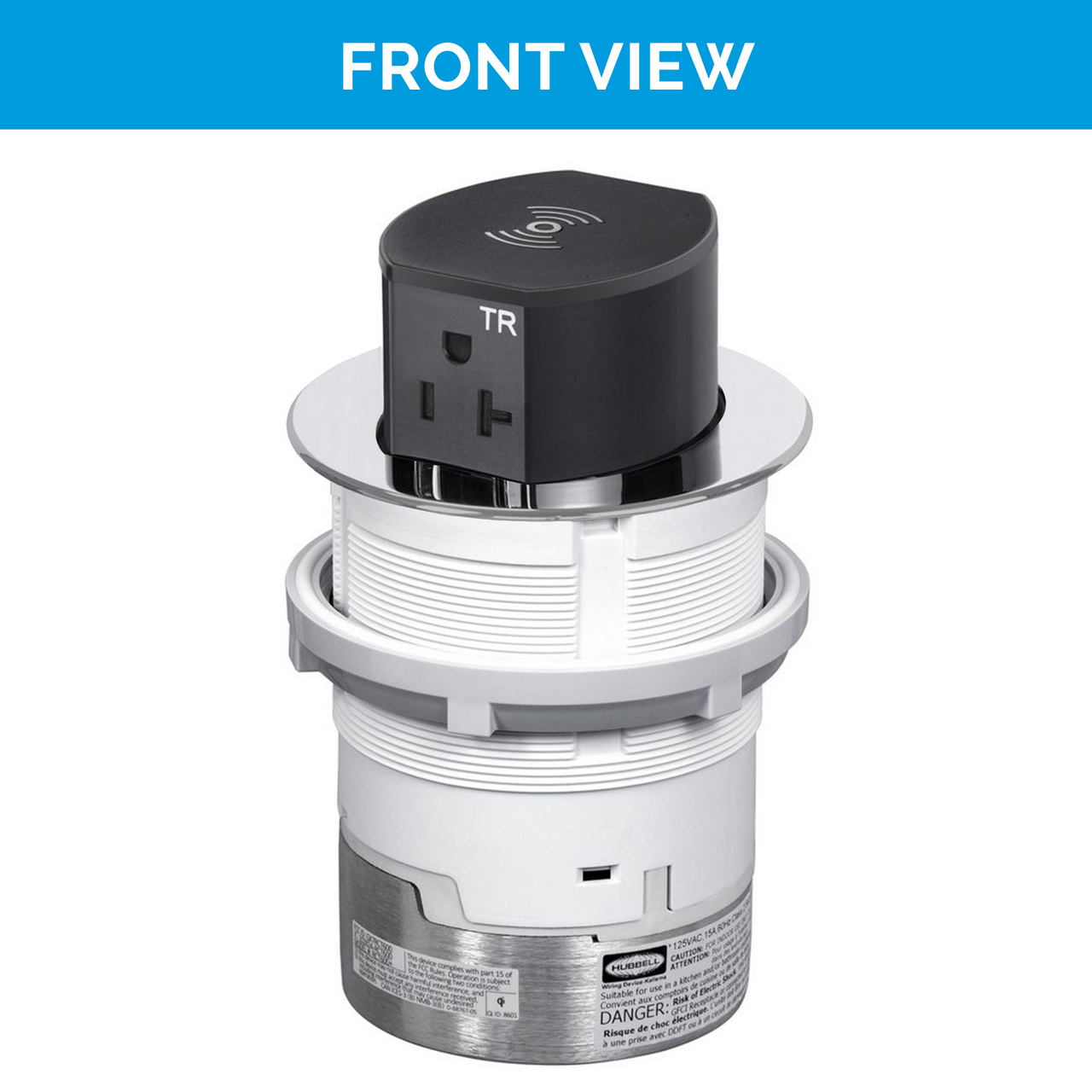 Front view of the chrome UL-listed Tri-Power Pop-Up outlet, featuring one AC port, one USB-A, one fast-charging USB-C (PD), and wireless charging on top.