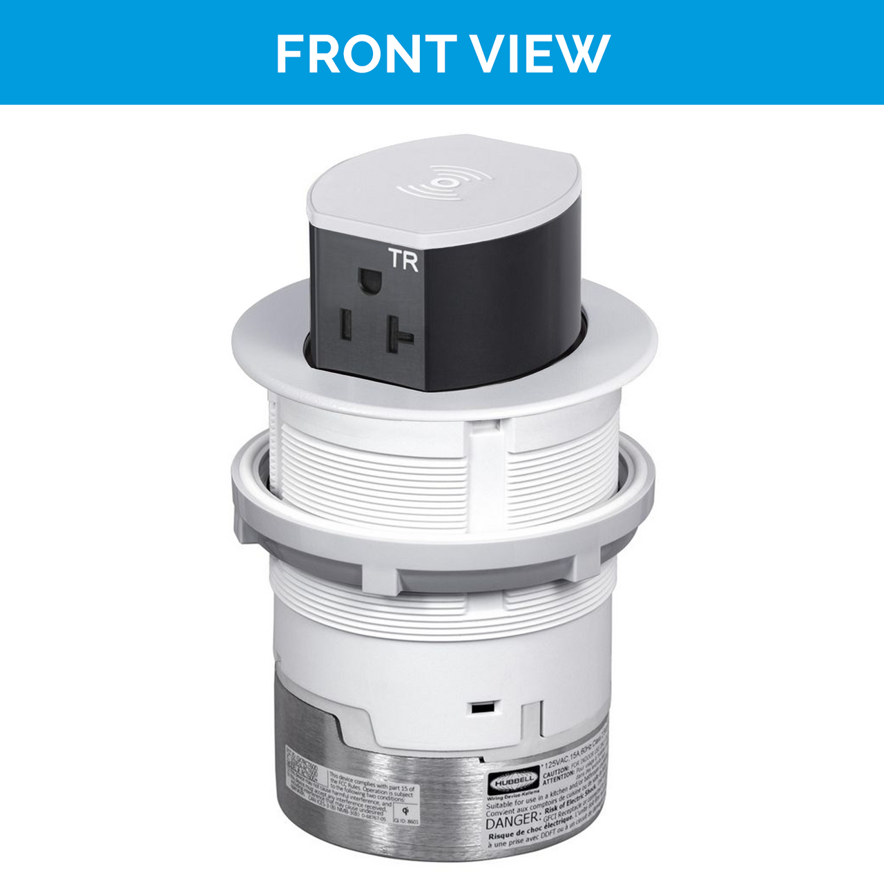 Front view of the White UL-listed Tri-Power Pop-Up outlet, featuring one AC port, one USB-A, one fast-charging USB-C (PD), and wireless charging on top.