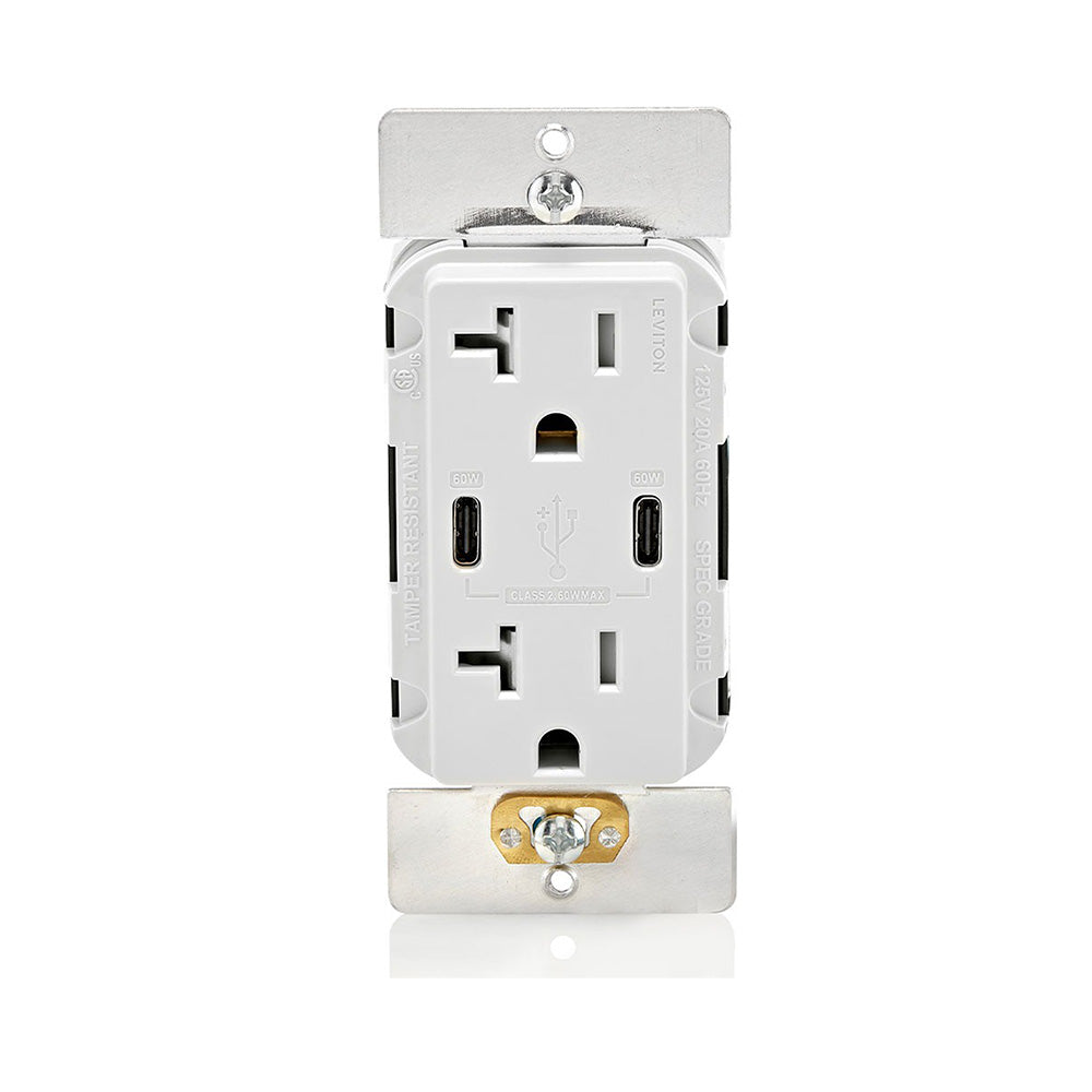 Leviton T5836 60W Dual USB-C with Power Delivery (PD) In-Wall Charger with 20 Amp, 125 Volt Tamper-Resistant Outlet