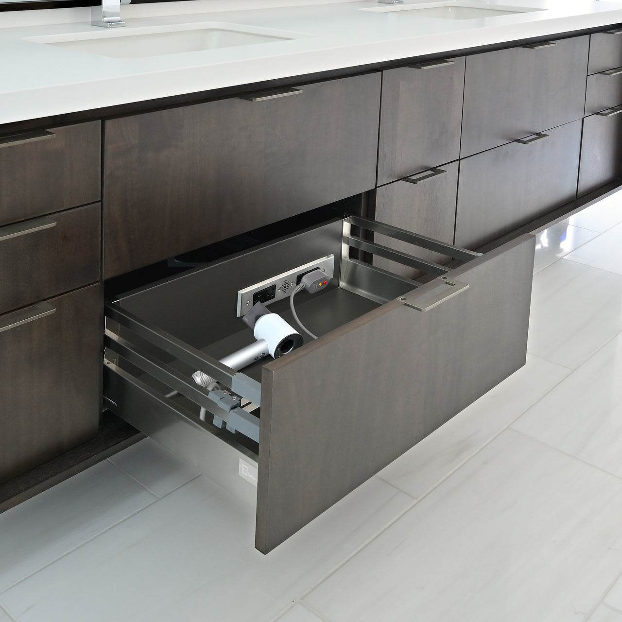 20 amp Blade Duo Outlet installed in vanity drawer