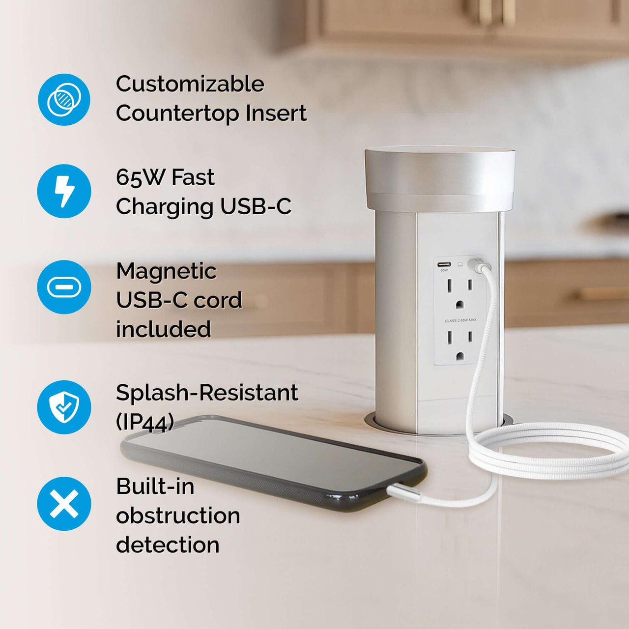 Countertop Plug In 65W Flush Pop-Up Countertop Outlet | Docking Drawer