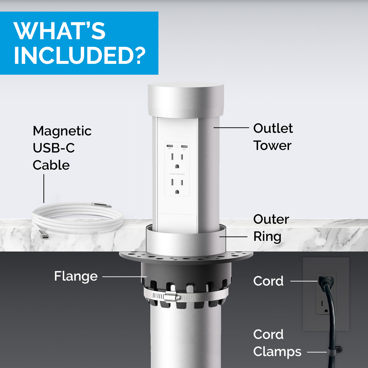 Motorized pop-up countertop outlet components including tower, outer ring, flange, cord, cord clamps, and magnetic USB-C cable