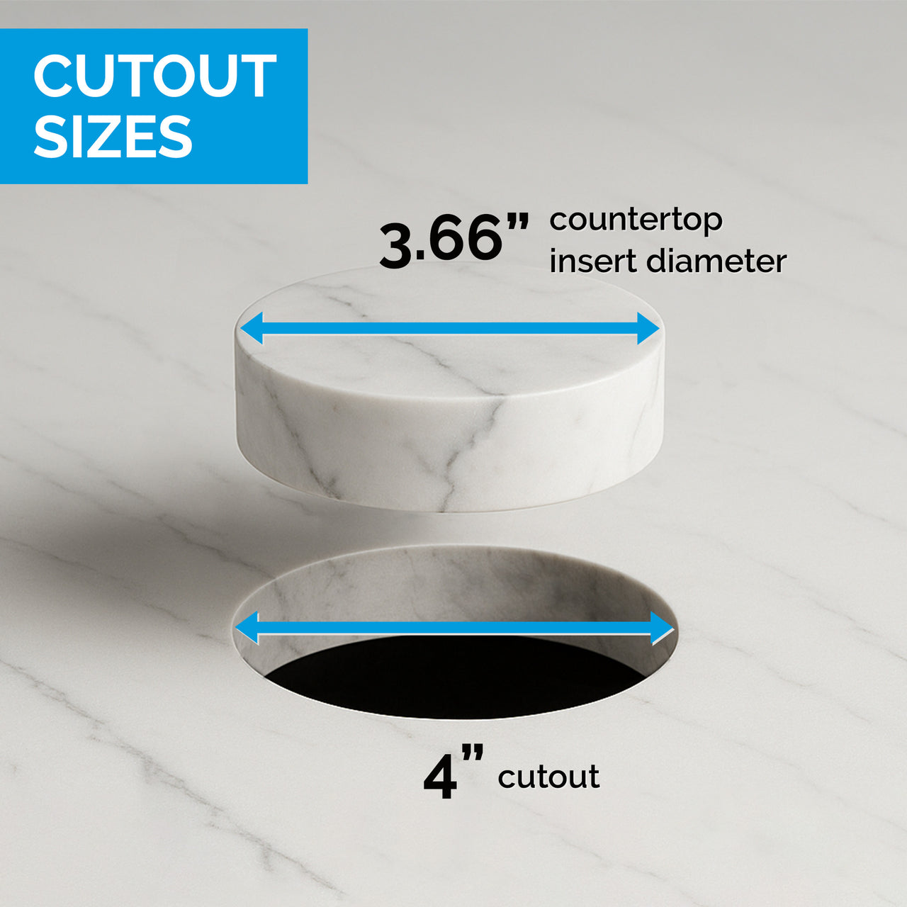 Cutout sizes for hidden pop-up countertop outlet showing 4 inch opening and 3.66 inch insert