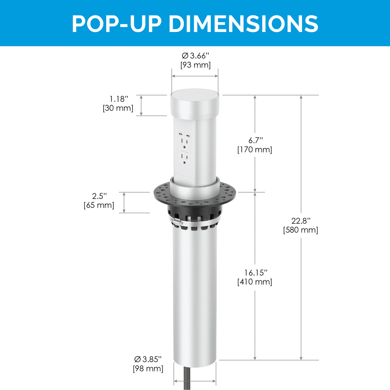 Dimensions of a motorized pop-up countertop outlet showing height, diameter and clearance needs