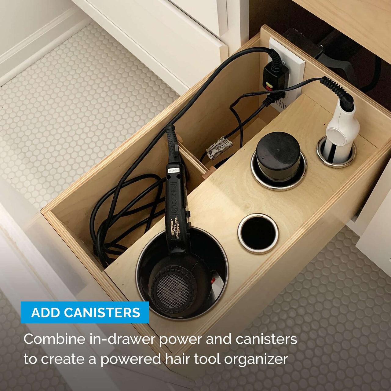 15 amp Blade In drawer Outlet with devices connected on Canisters.