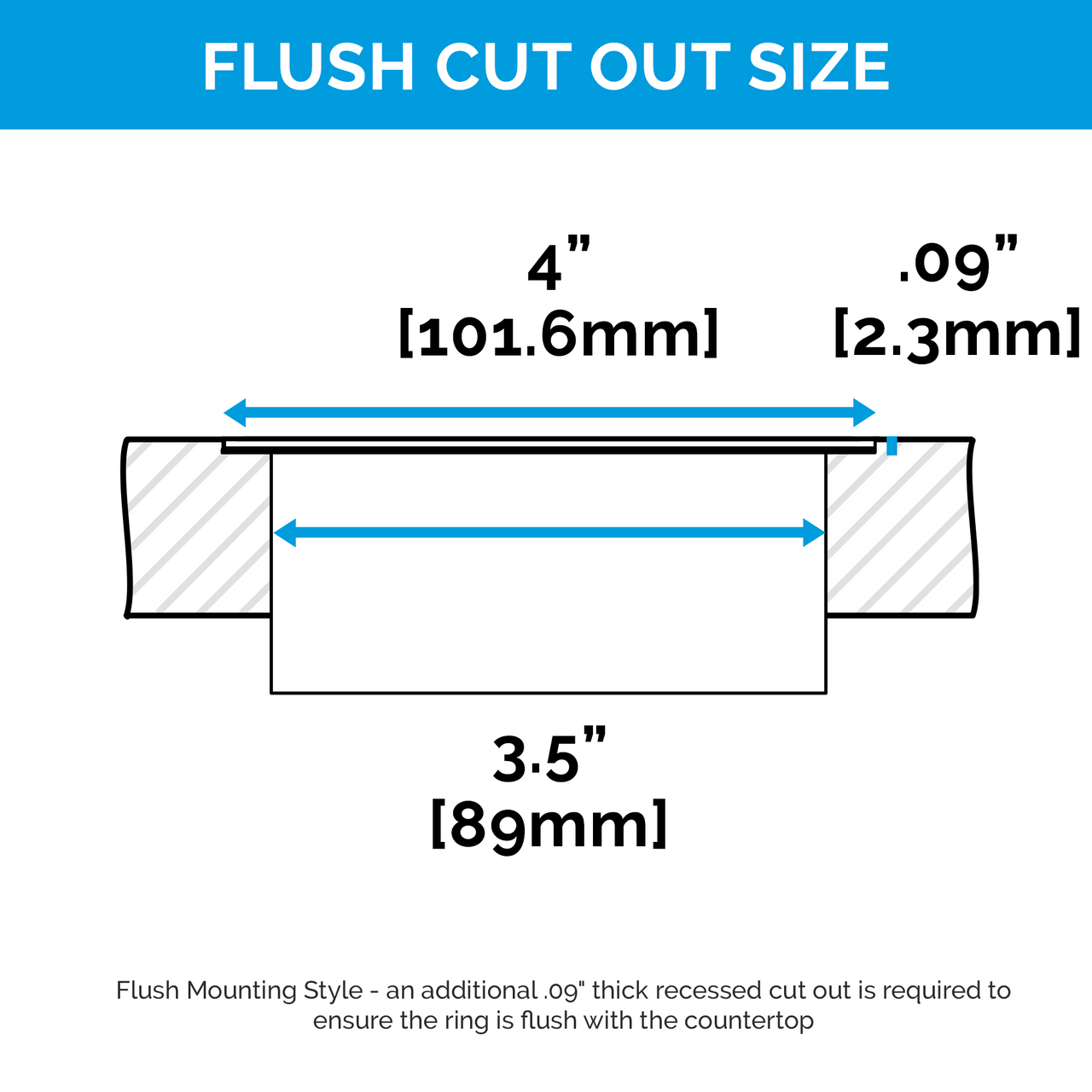 Diagram of flush cut-out size for the Docking Drawer Pop-Up outlet.