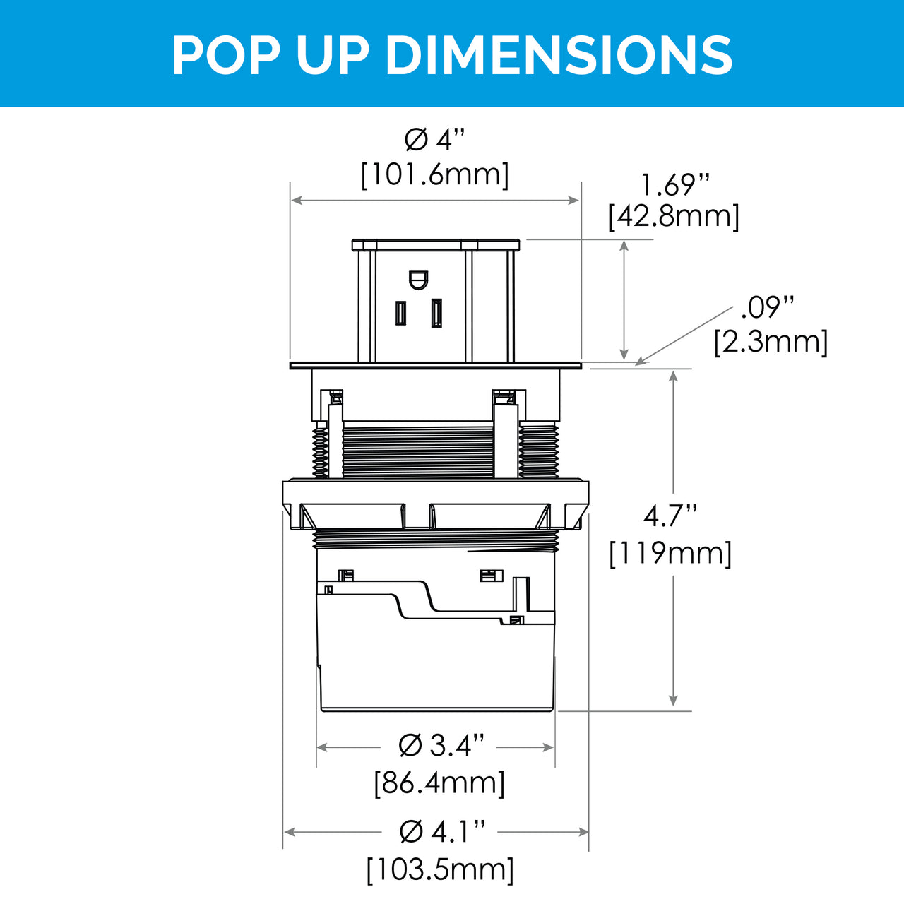 Technical drawing of the Docking Drawer Pop-Up Flush outlet dimensions