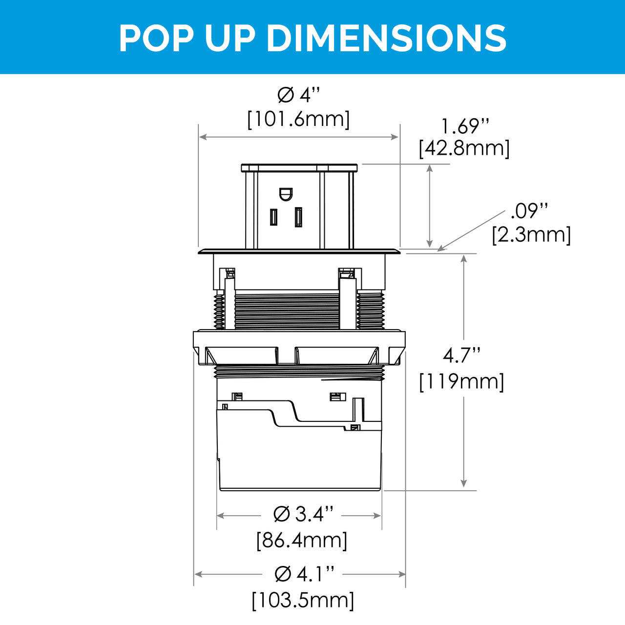 Technical drawing of the Docking Drawer Pop-Up Surface outlet dimensions