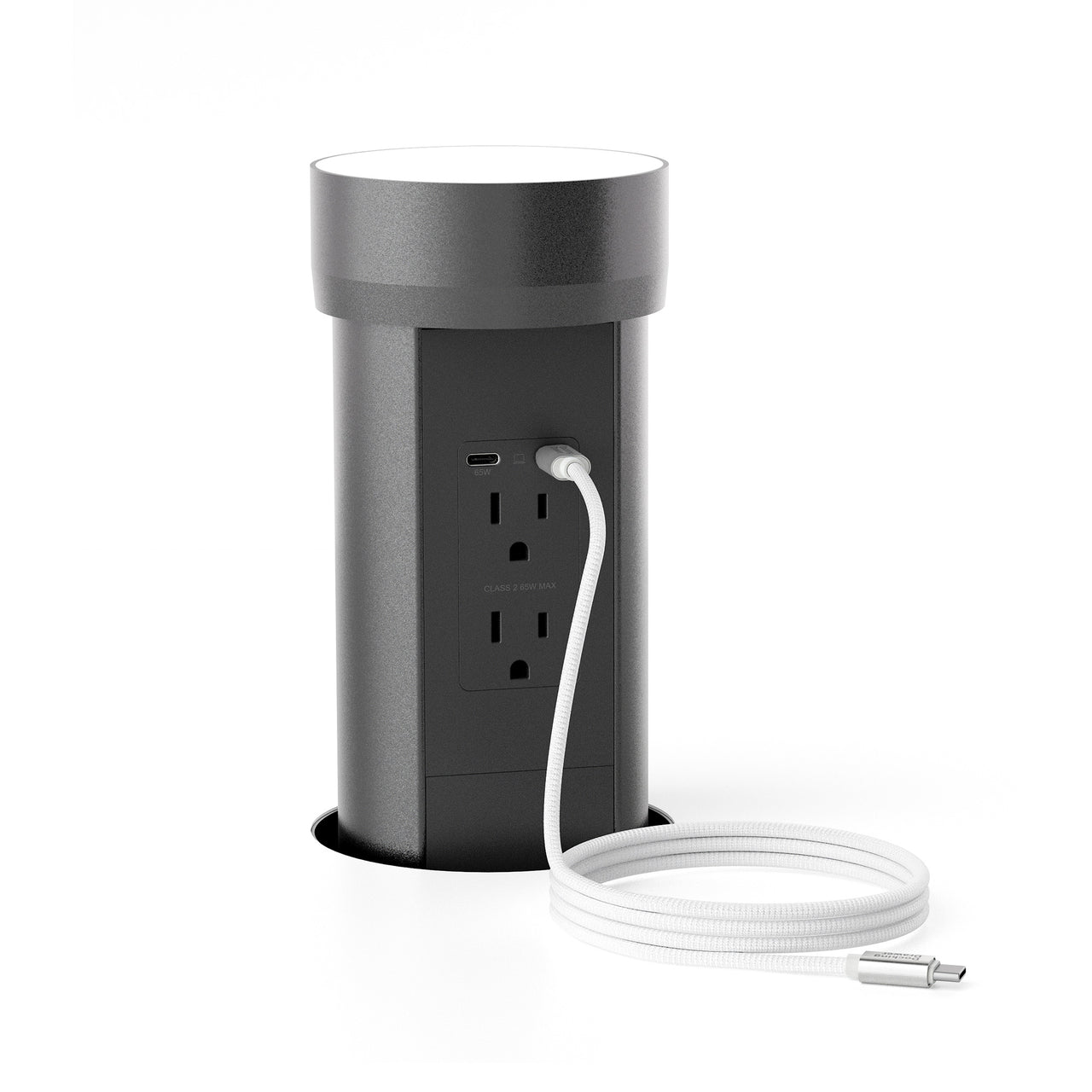 Black flush pop-up countertop outlet with 65W USB-C and AC ports shown with magnetic USB-C coil cord