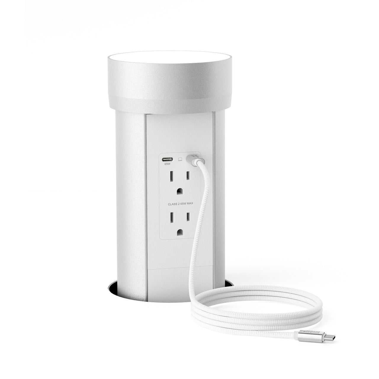White pop-up countertop outlet with 65W USB-C and AC ports shown with magnetic USB-C coil cord
