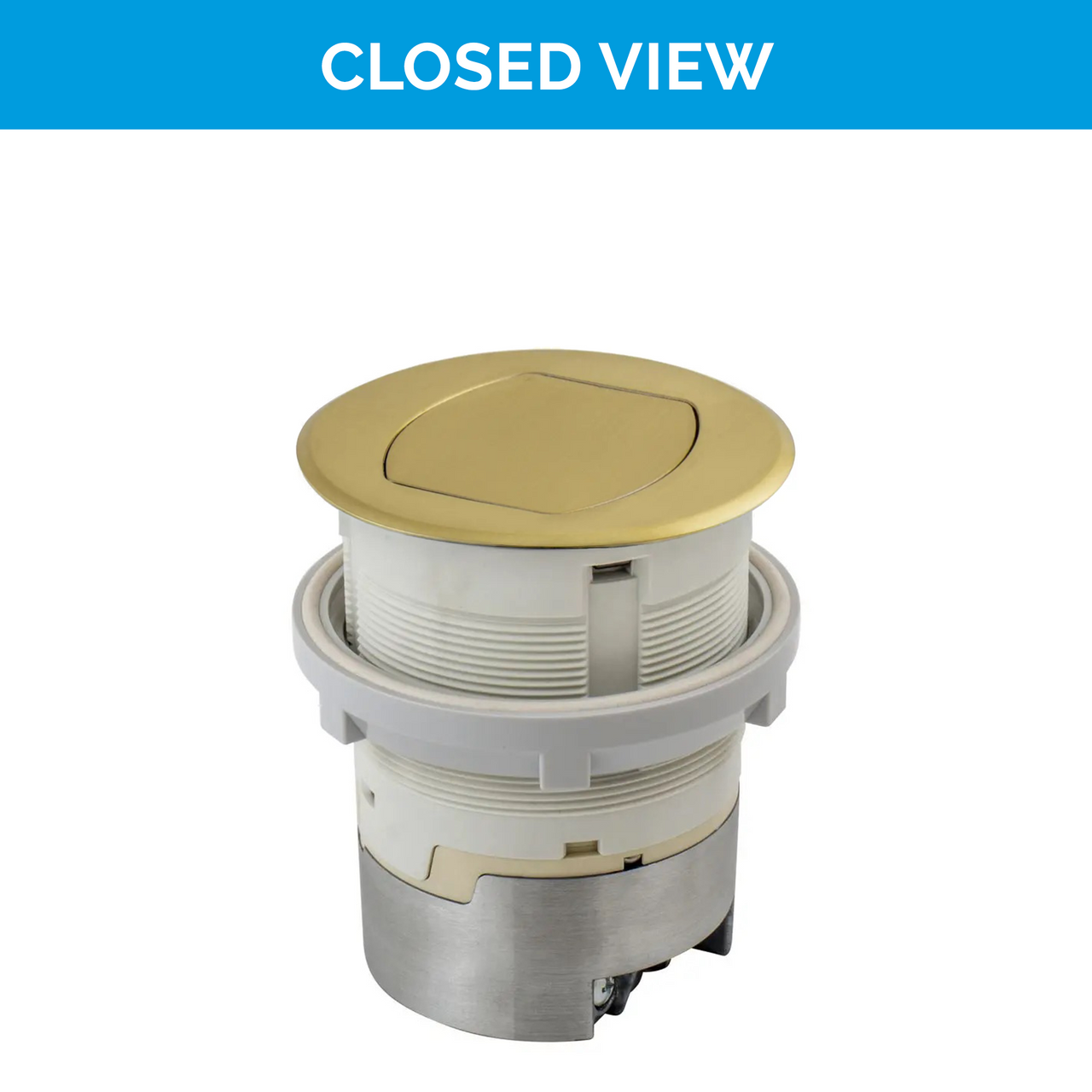 Closed view of the UL-listed Brass Docking Drawer Countertop Surface Pop-Up outlet with two AC connections. The surface mount sits 2.5mm above the counter, while the flush mount sits fully recessed for a seamless look