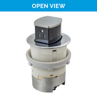 Thumbnail for Open view of the UL-listed Chrome Docking Drawer Countertop Surface Pop-Up outlet with two AC connections. The surface mount sits 2.5mm above the counter, while the flush mount sits fully recessed for a seamless look