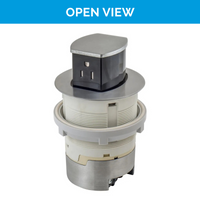 Thumbnail for Open view of the UL-listed Aluminum  Docking Drawer Countertop Flush Pop-Up outlet with two AC connections. 