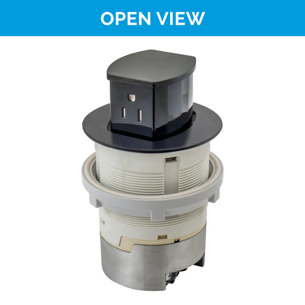 Open view of the UL-listed Black Docking Drawer Countertop Flush  Pop-Up outlet with two AC connections.