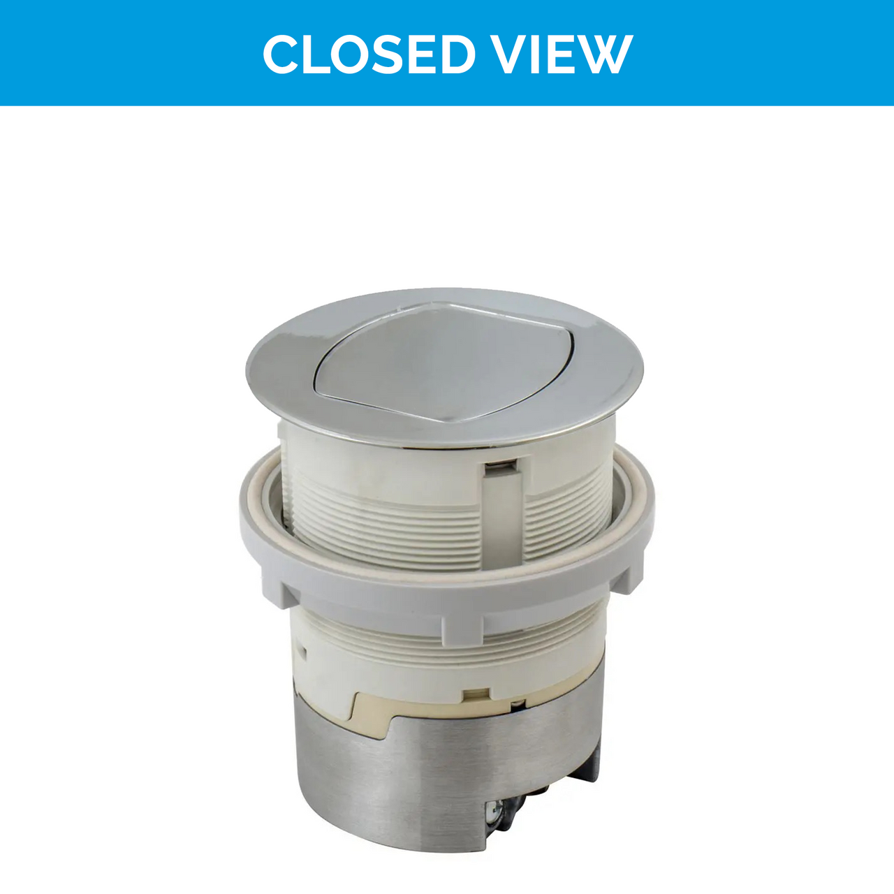 Closed view of the UL-listed Chrome Docking Drawer Countertop Flush Pop-Up outlet with two AC connections. 