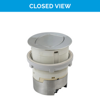 Thumbnail for Closed view of the UL-listed Chrome Docking Drawer Countertop Flush Pop-Up outlet with two AC connections. 