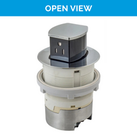Thumbnail for Open view of the UL-listed Chrome Docking Drawer Countertop Flush Pop-Up outlet with two AC connections. 