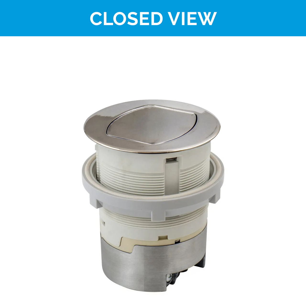 Closed view of the UL-listed Nickel Docking Drawer Countertop Flush  Pop-Up outlet with two AC connections. 