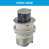 Thumbnail for Open view of the UL-listed aluminum Docking Drawer Countertop Surface Pop-Up outlet with two AC connections. The surface mount sits 2.5mm above the counter, while the surface mount sits fully recessed for a seamless look