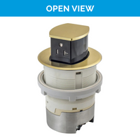 Thumbnail for Open view of the UL-listed brass Docking Drawer Countertop Surface Pop-Up outlet with two AC connections. The surface mount sits 2.5mm above the counter, while the surface mount sits fully recessed for a seamless look