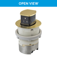 Thumbnail for Open view of the UL-listed Brass Docking Drawer Countertop Flush Pop-Up outlet with two AC connections. The surface mount sits 2.5mm above the counter, while the surface mount sits fully recessed for a seamless look