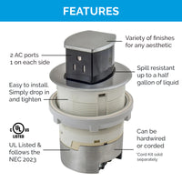 Thumbnail for Image showcasing features of the UL-listed Docking Drawer Countertop Surface Pop-Up outlet, including two AC ports, a variety of finishes, simple drop-in installation, spill resistance up to half a gallon, and compatibility with hardwired or corded setups. NEC 2023 compliant.